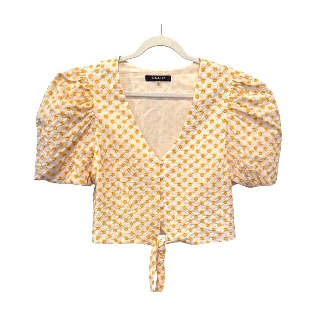 Sugar Lips Embroidered Floral Top Puff Sleeve‎ Button Tie Front Sz Large Cropped